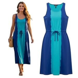 Calvin Klein Tie Dye Scoop Neck Midi Dress Waist Tie Blue Green Size 4